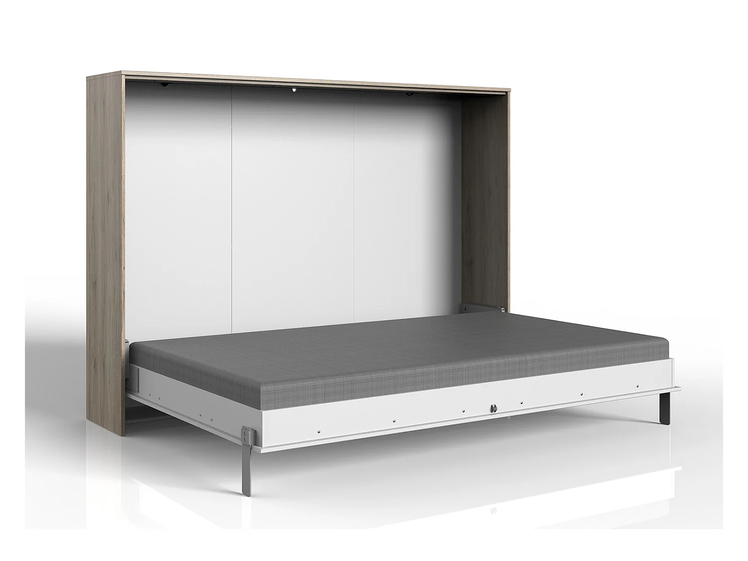 Lit escamotable horizontal coloris blanc/imitation chêne - L. 212 x H. 154 x P. 43-167 cm