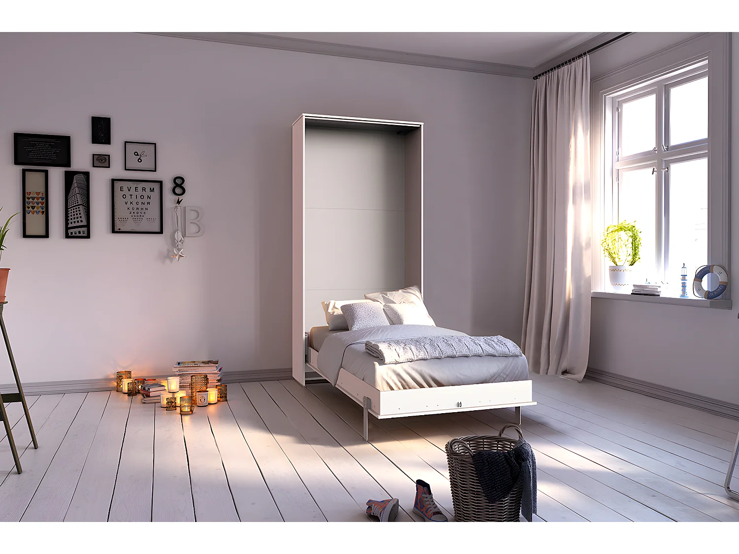 Lit escamotable vertical coloris blanc - Longueur 102 x Hauteur 213 x Profondeur 43-217 cm