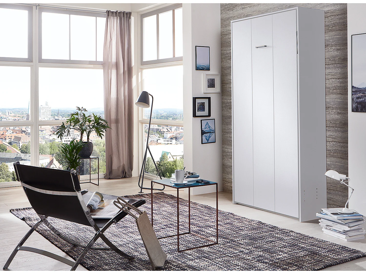 Lit escamotable vertical coloris blanc - Longueur 102 x Hauteur 213 x Profondeur 43-217 cm