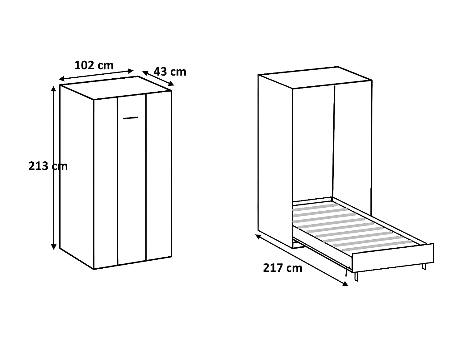Lit escamotable vertical coloris blanc - Longueur 102 x Hauteur 213 x Profondeur 43-217 cm