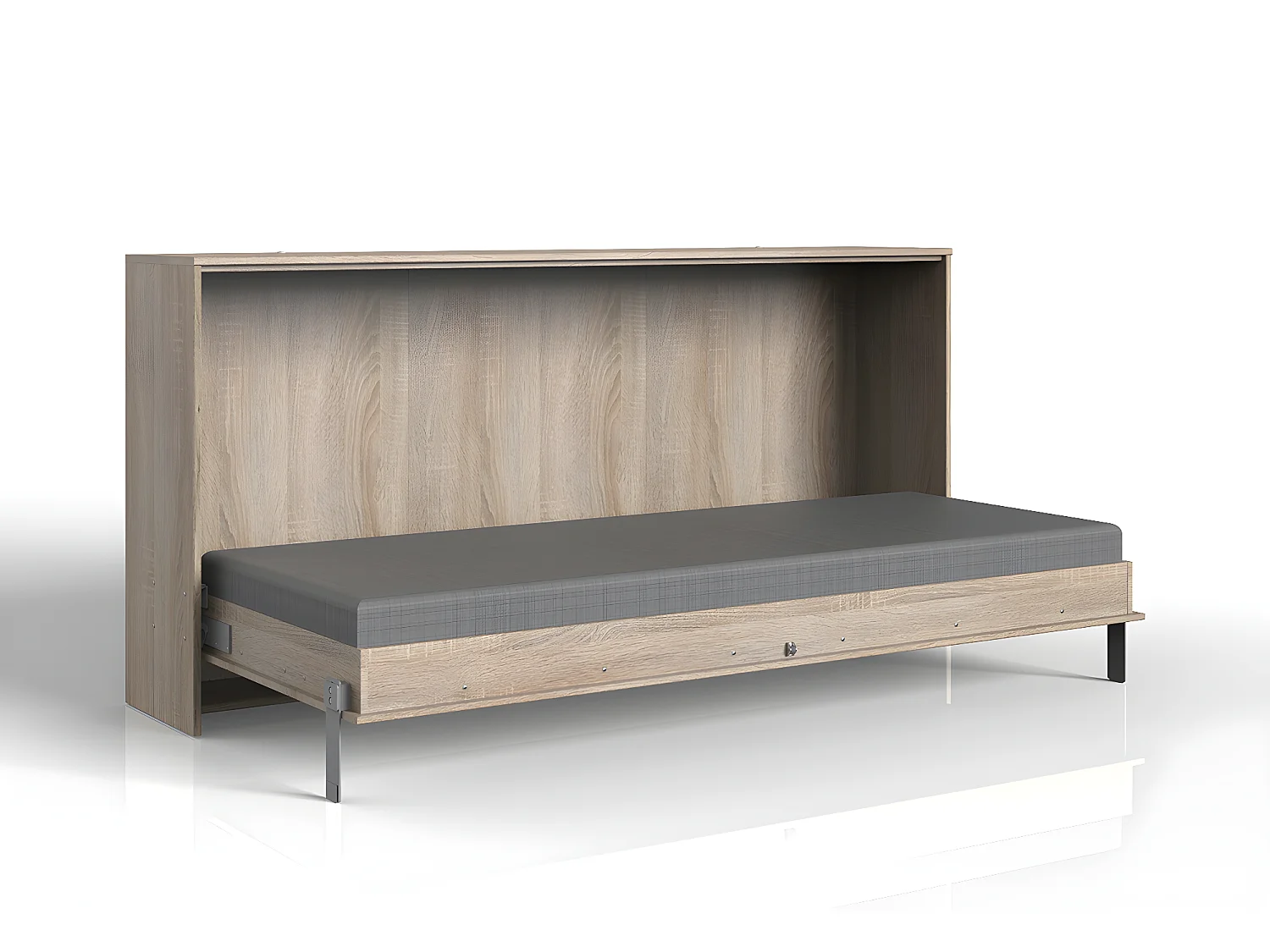 Lit escamotable horizontal coloris imitation chêne - L. 212 x H. 105 x P. 43-117 cm