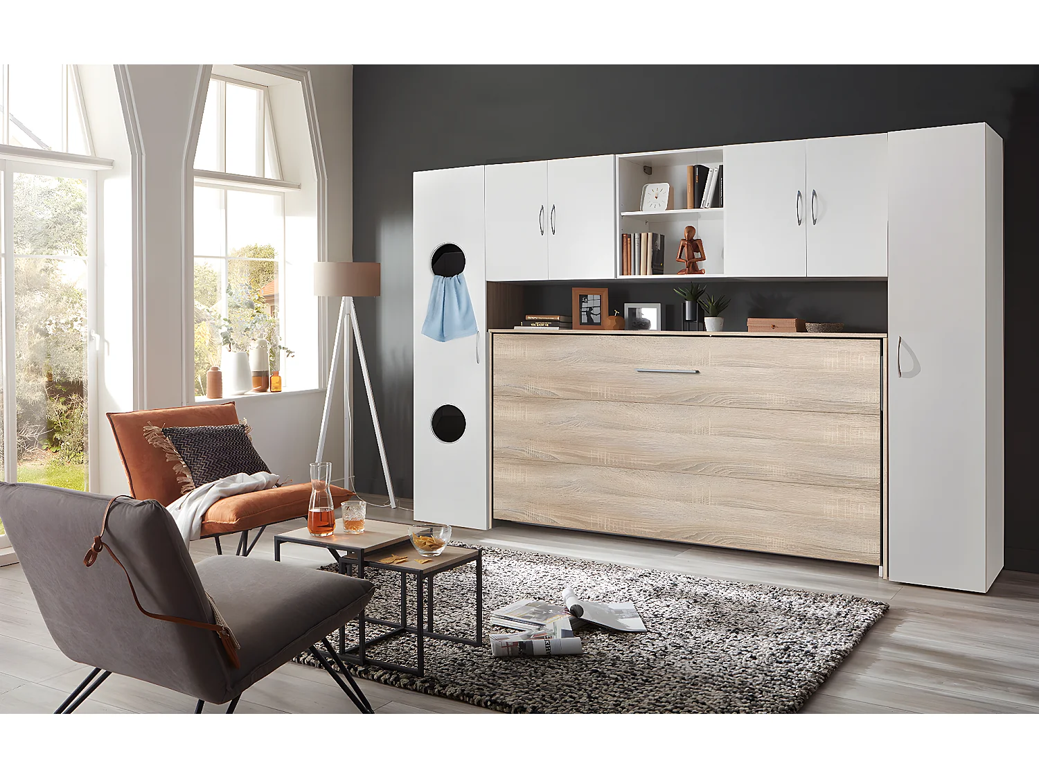 Lit escamotable horizontal coloris imitation chêne - L. 212 x H. 105 x P. 43-117 cm