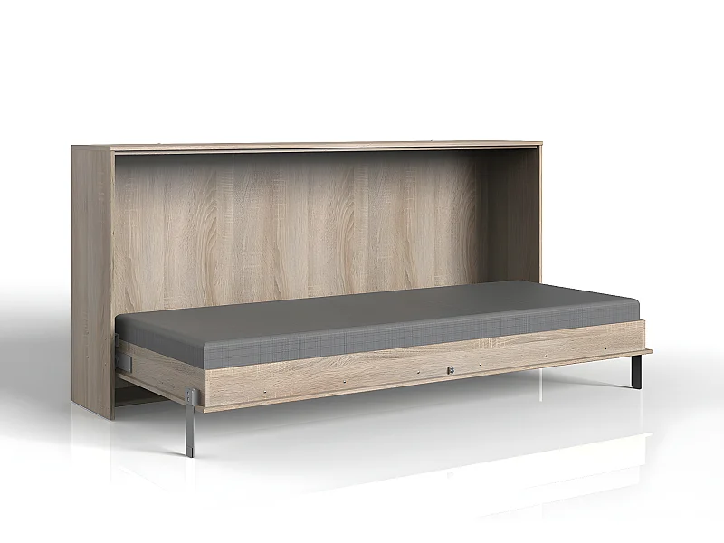 Lit escamotable horizontal coloris imitation chêne - L. 212 x H. 105 x P. 43-117 cm