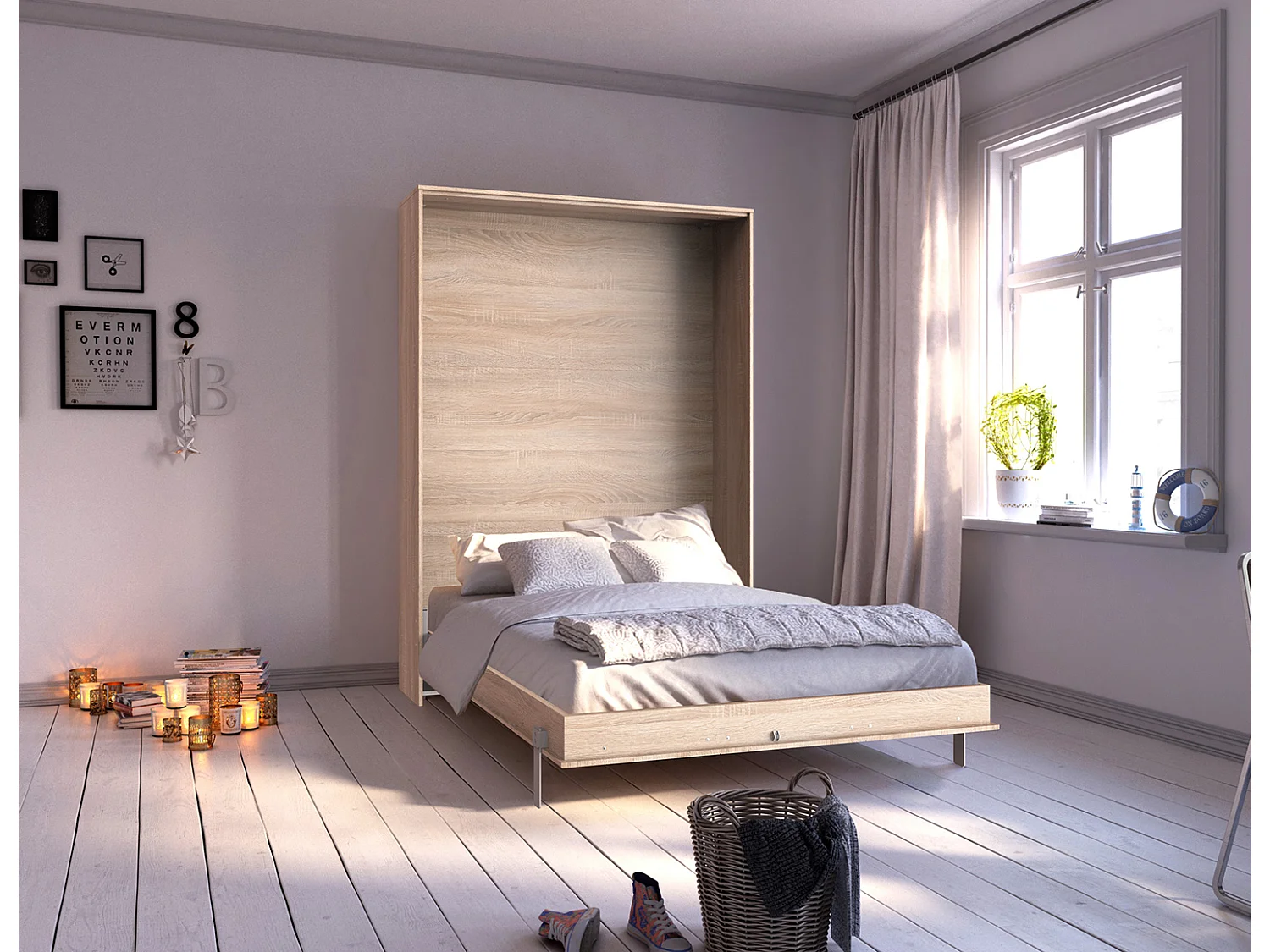 Lit escamotable vertical coloris imitation chêne - L. 152 x H. 213 x P. 43-217 cm