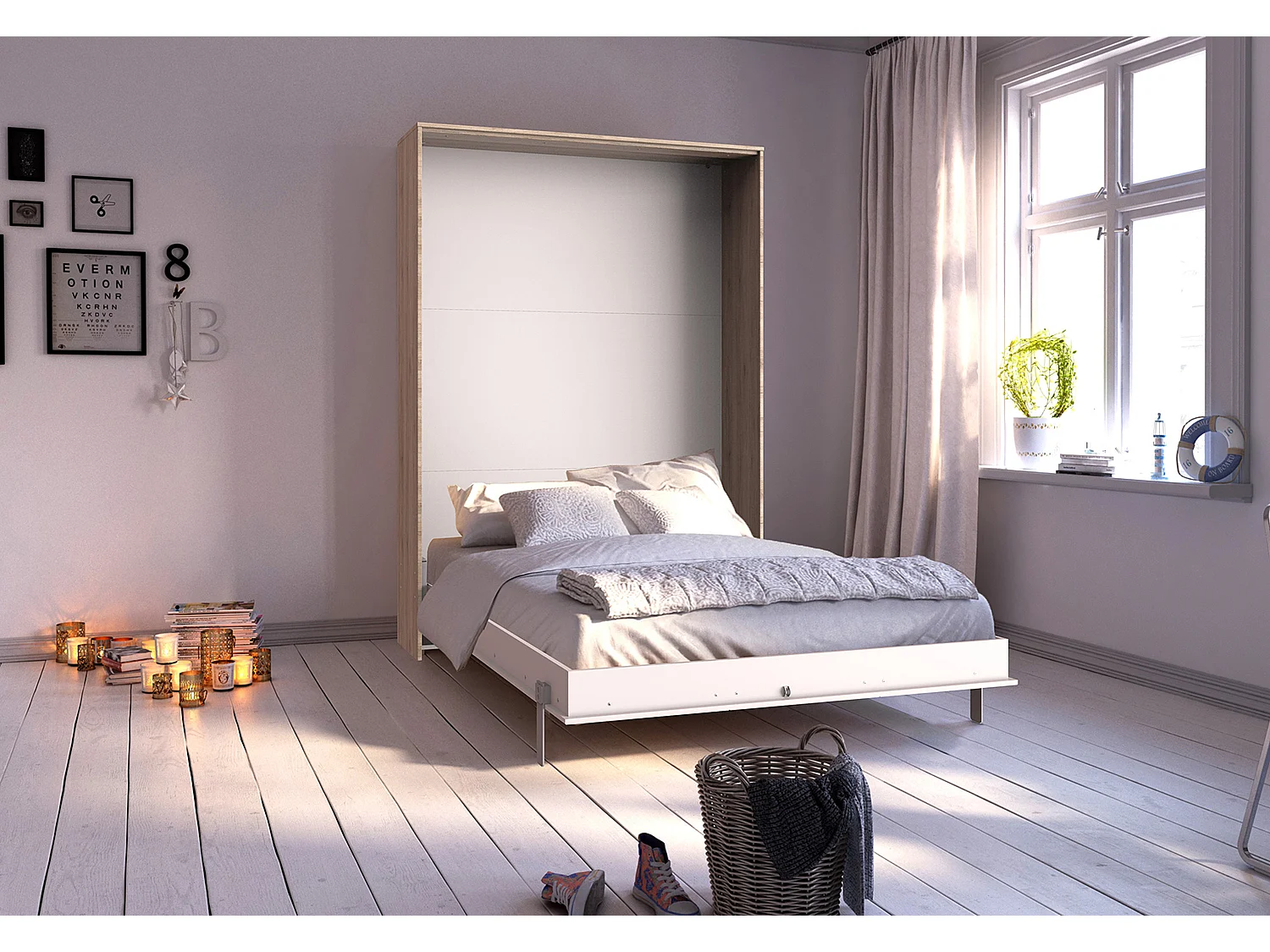 Lit escamotable vertical coloris blanc/imitation chêne - L. 152 x H. 213 x P. 43-217 cm