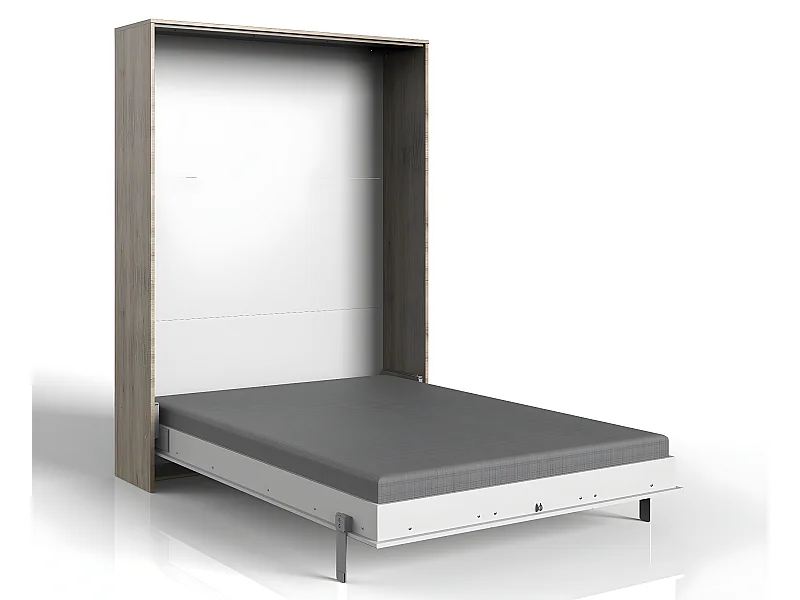 Lit escamotable vertical coloris blanc/imitation chêne - L. 152 x H. 213 x P. 43-217 cm