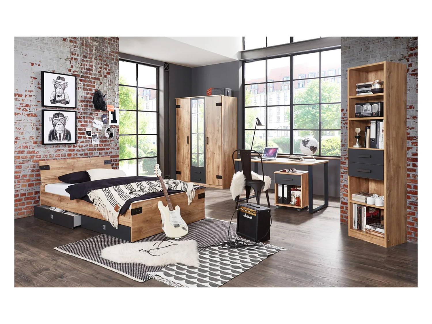 Ensemble chambre adulte Imitation chêne poutre -90 x 200 cm