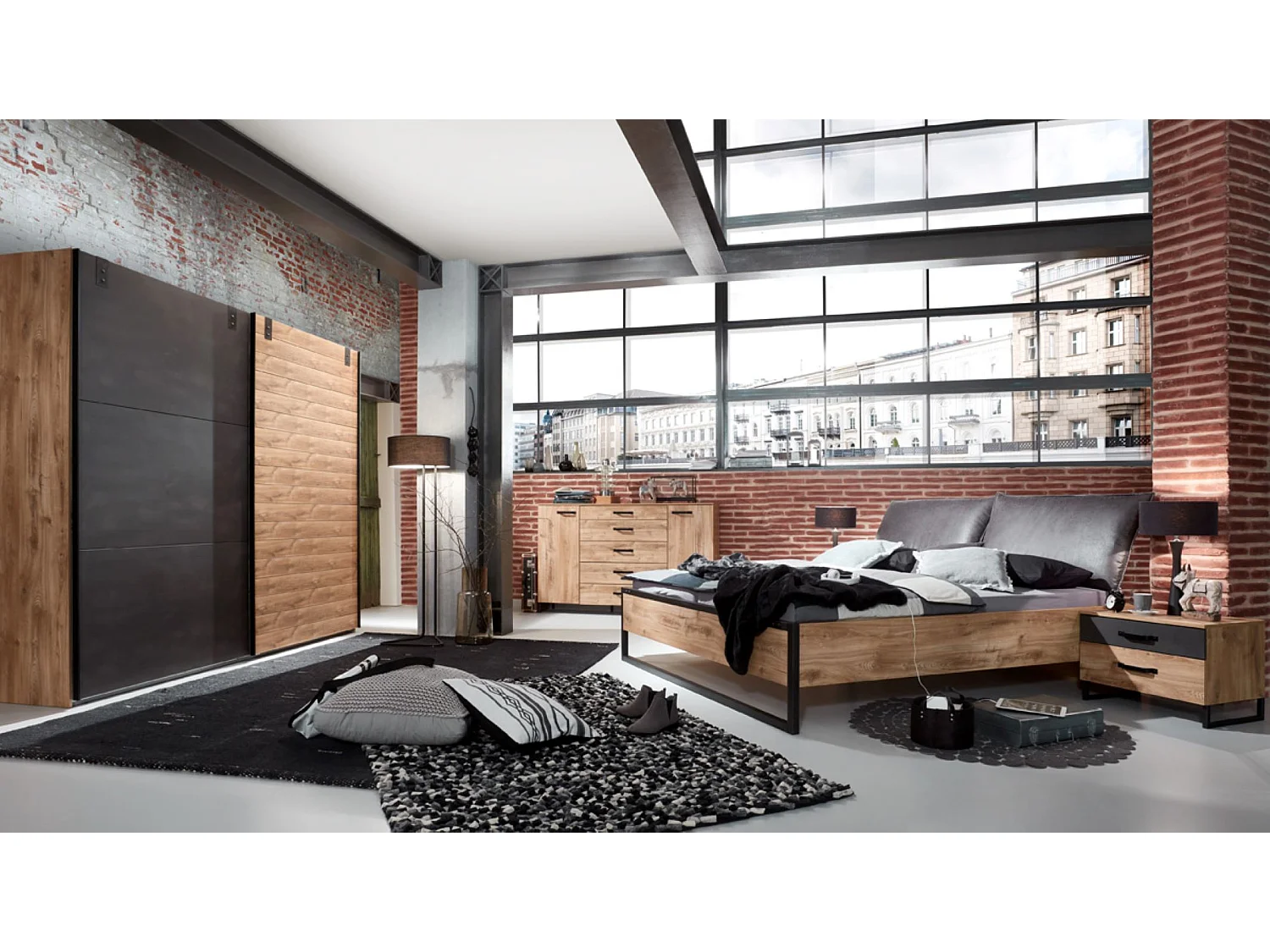 Ensemble chambre adulte Imitation chêne poutre rechampis raw steel - 180 x 200 cm