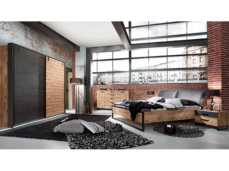 Ensemble chambre adulte complète Imitation chêne poutre rechampis raw steel - 180 x 200 cm