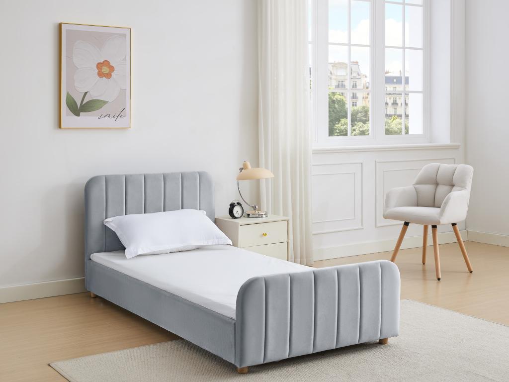 Lit 90 x 190 cm - Velours avec coutures verticales - Gris - ROGADI