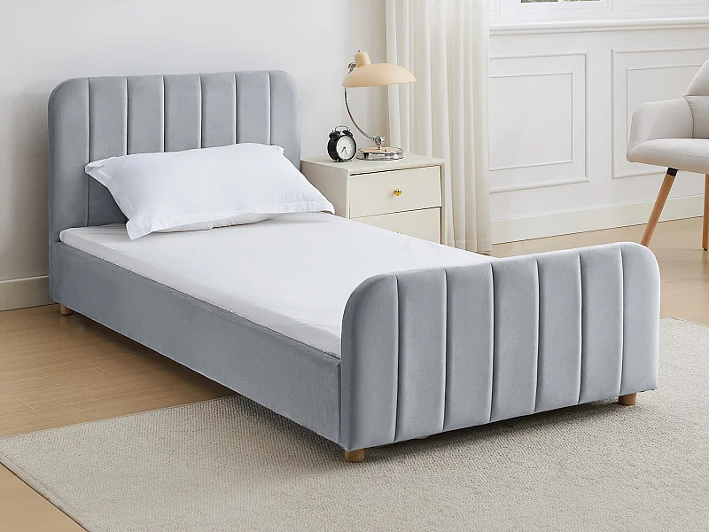 Lit 90 x 190 cm - Velours avec coutures verticales - Gris - ROGADI