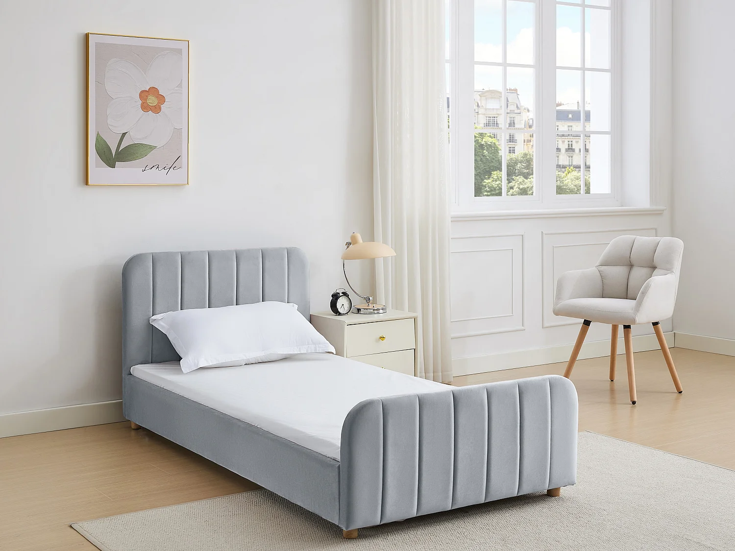 Cama 90x190 cm veludo com costuras verticais cinza - ROGADI