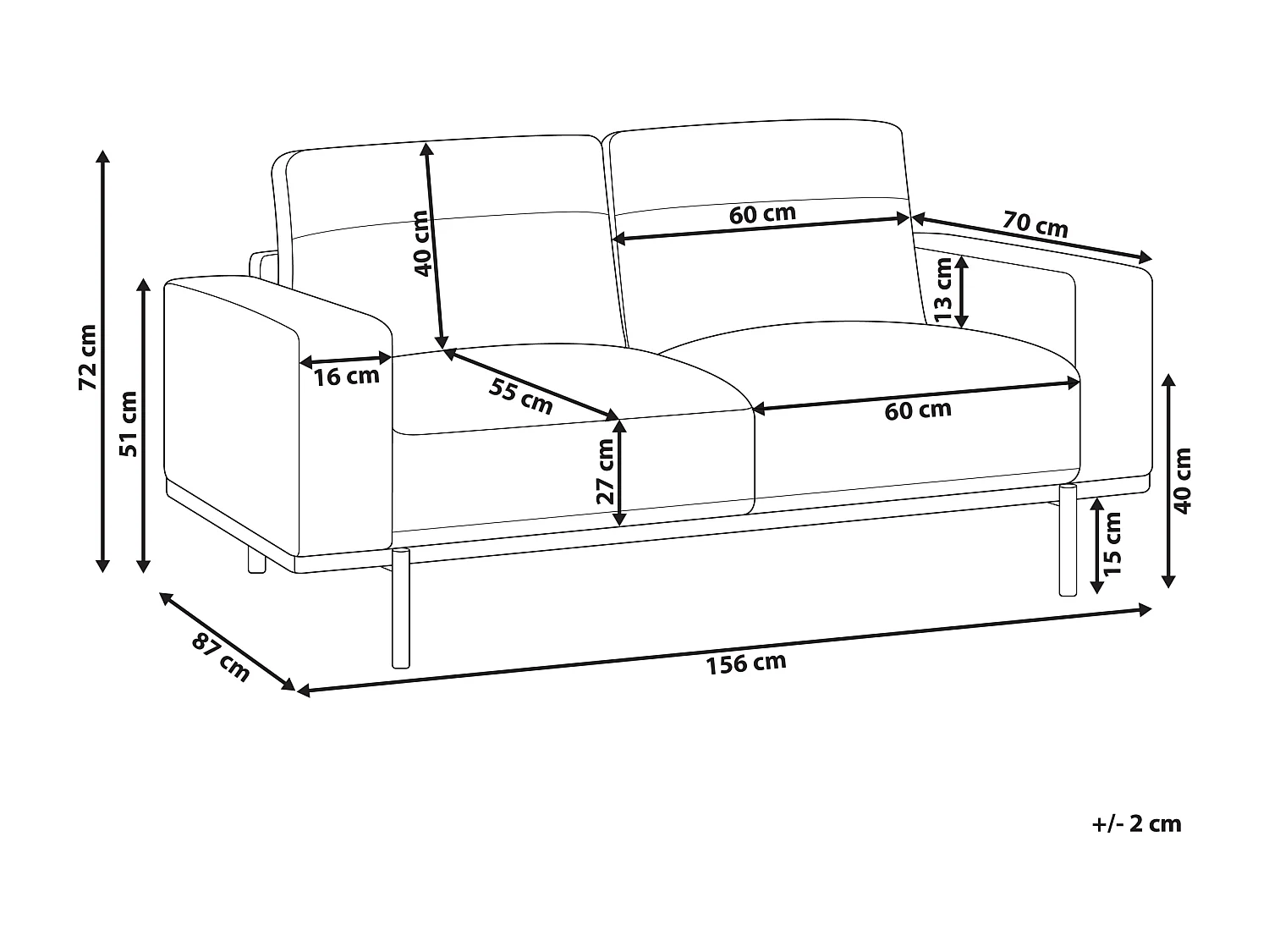 2-Sitzer Sofa Stoff braun Lederoptik mit Metallbeinen dicke Sitzkissen Sovik