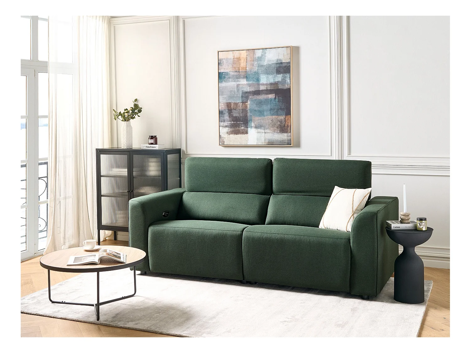 Canapé relax électrique 2 places ULVEN Tissu Vert foncé avec port USB