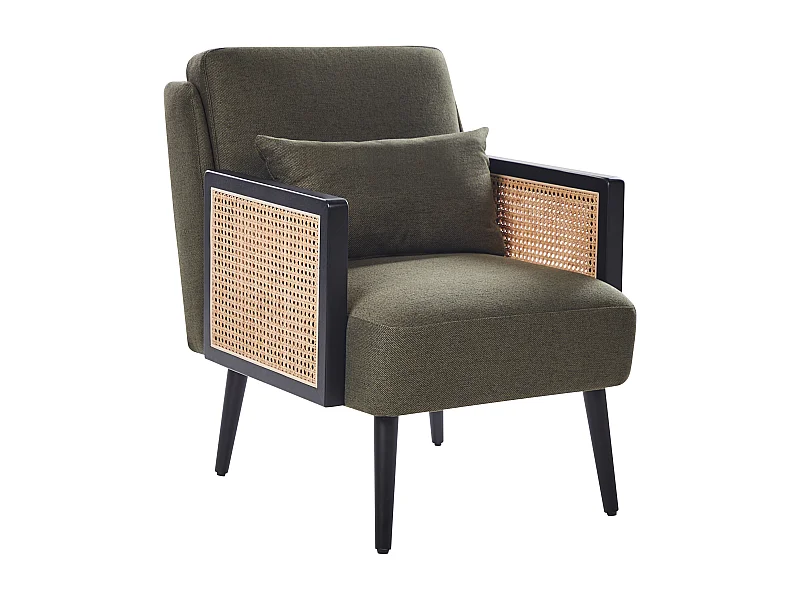 Sessel Stoff grün Wiener-Geflecht Rattan mit dunklen Holzbeinen Kissen Orum