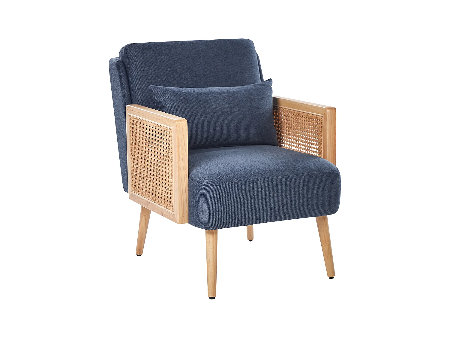 Sessel Stoff blau Wiener-Geflecht Rattan mit hellen Holzbeinen Kissen Orum