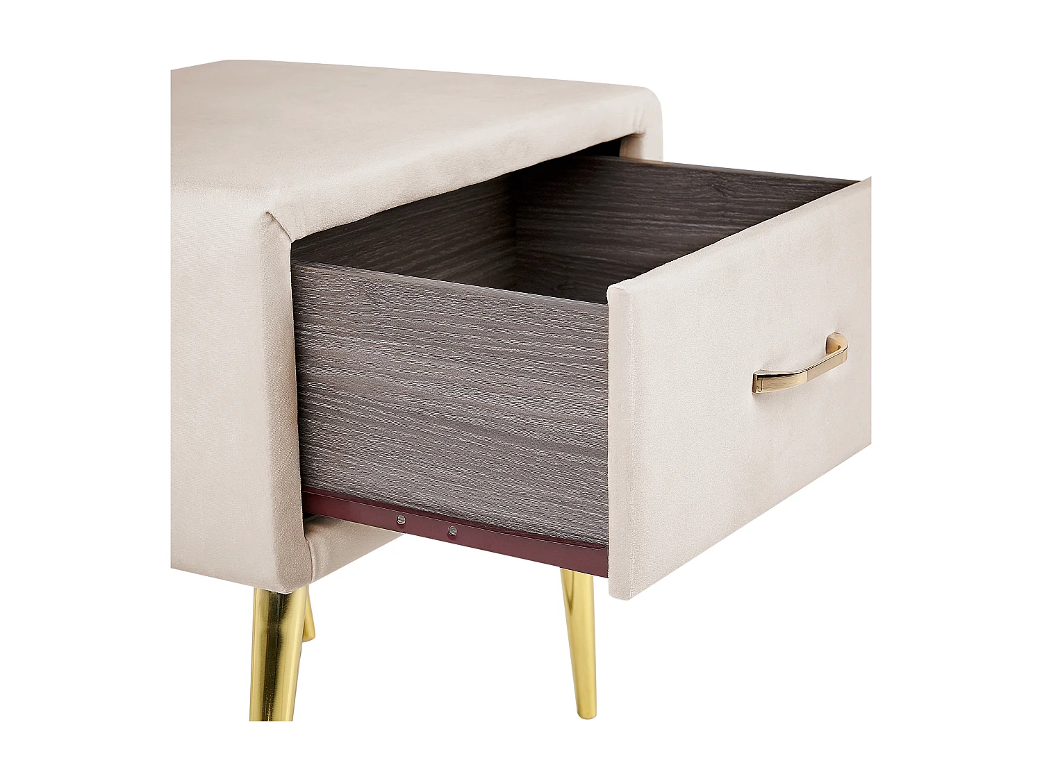 Nachttisch Samtstoff beige mit Schublade Metallgestell gold modern Glam Flayat