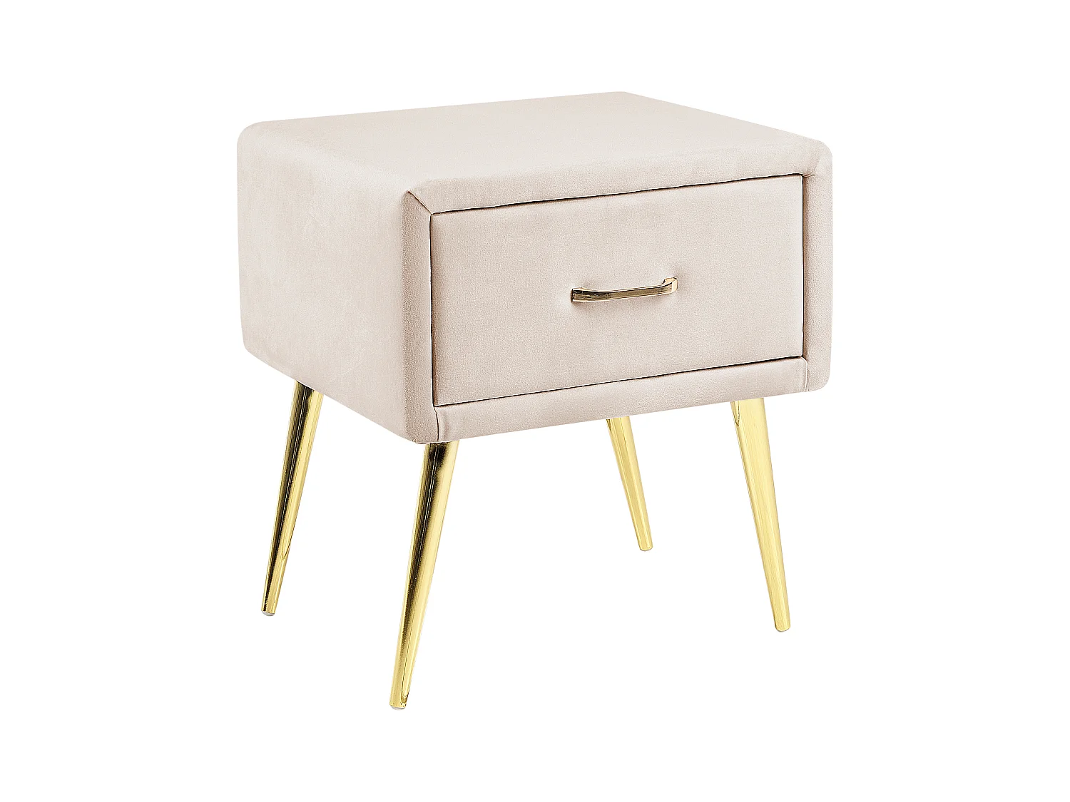 Nachttisch Samtstoff beige mit Schublade Metallgestell gold modern Glam Flayat