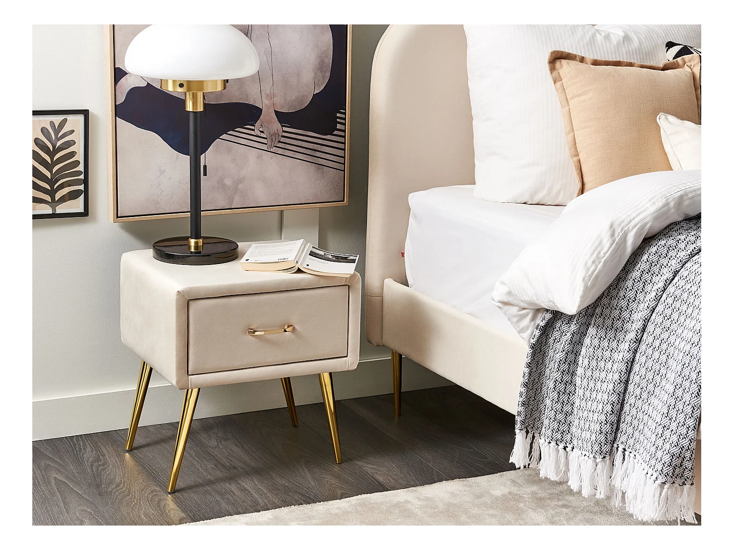 Table de nuit à 1 tiroir FLAYAT Velours Beige clair