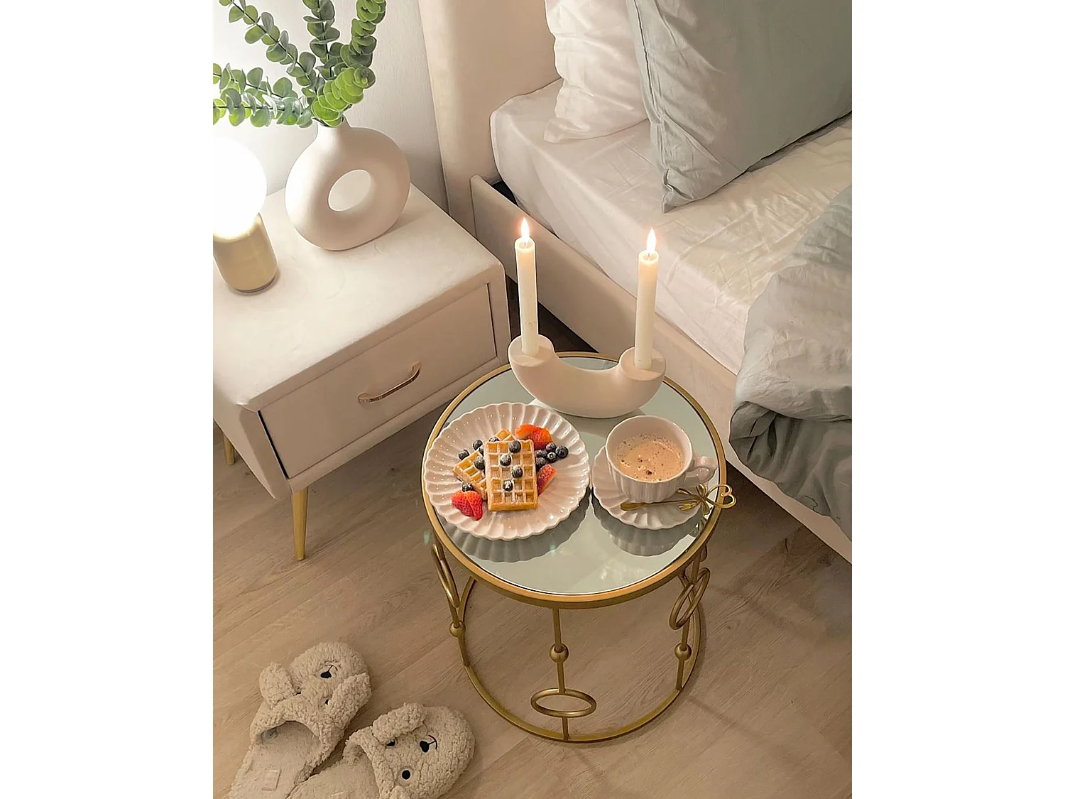 Table de nuit à 1 tiroir FLAYAT Velours Beige clair