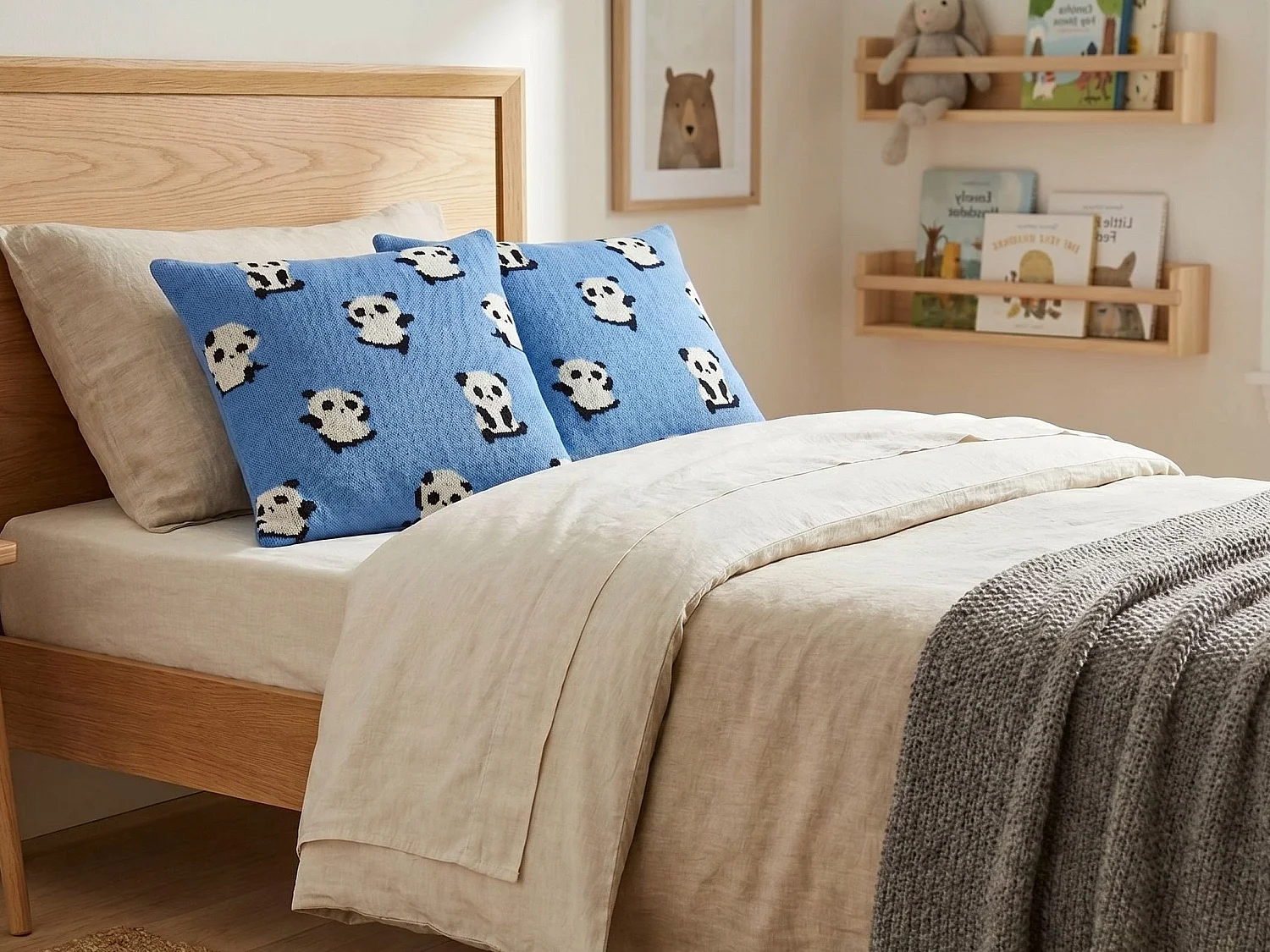 Lot de 2 coussins enfant avec motif de pandas en coton bleu 45 x 45 cm TALOKAN