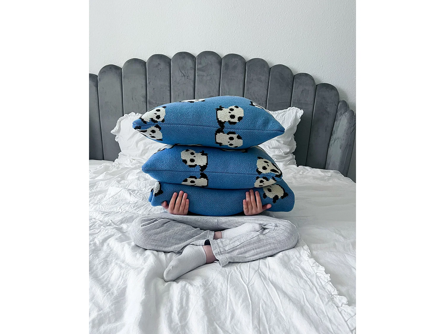 Lot de 2 coussins enfant avec motif de pandas en coton bleu 45 x 45 cm TALOKAN