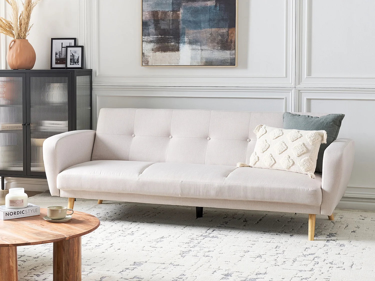 3-Sitzer Sofa Stoffbezug beige mit Schlaffunktion Holzbeine Schlafsofa Florli