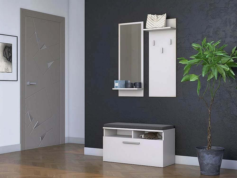 ANDERS | Mobile da ingresso con cuscino 85x46x35 cm | Panca porta scarpe 3 ganci Specchio | Armadio Bianco