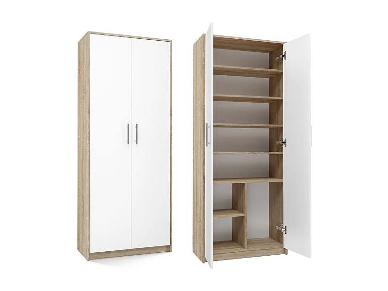 PARLA - Armoire moderne 6 étagères - 180x74x35cm - Meuble de rangement - Armoire bureau - Blanc et Sonoma