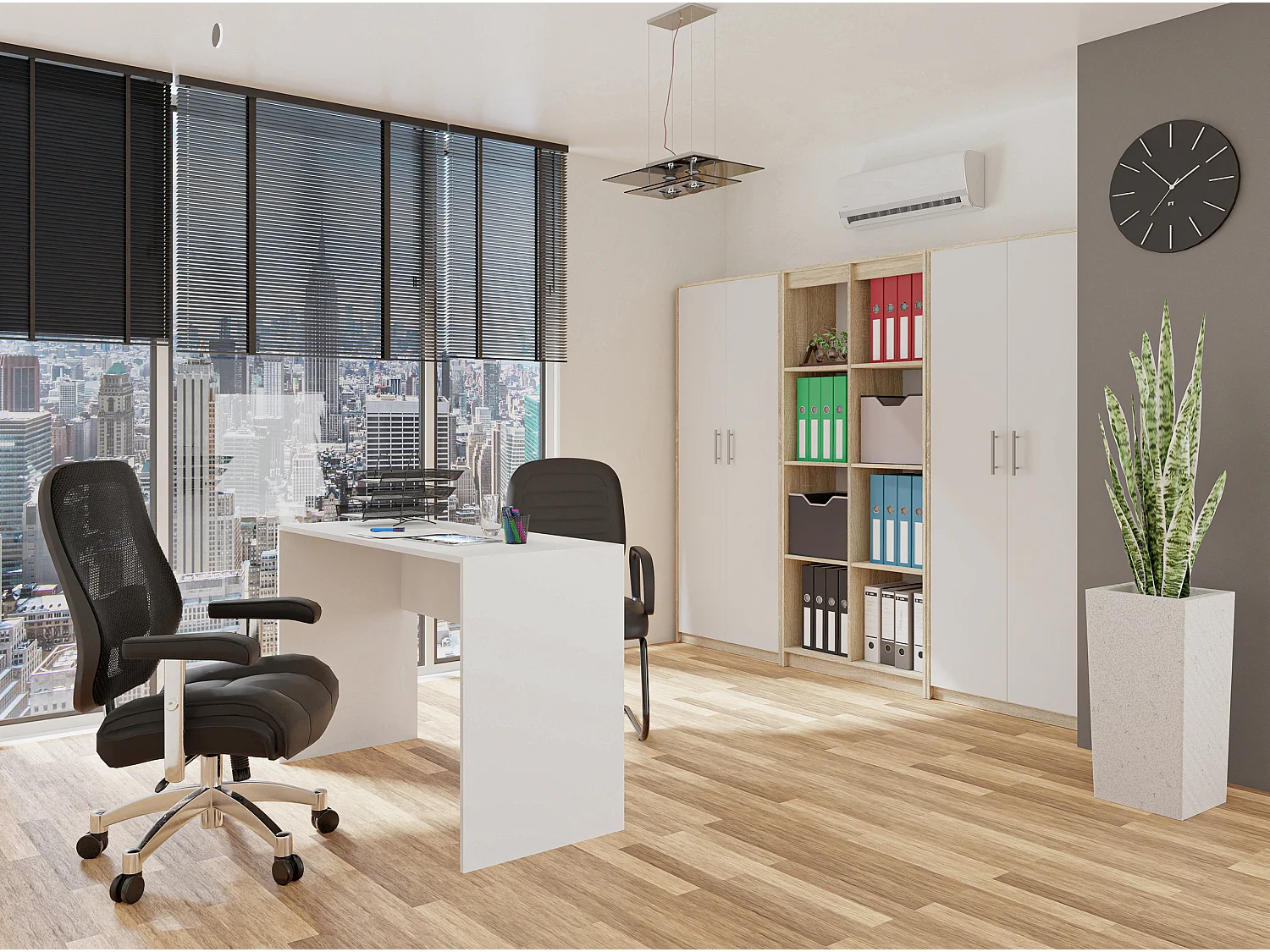 PARLA - Armoire moderne 6 étagères - 180x74x35cm - Meuble de rangement - Armoire bureau - Blanc et Sonoma