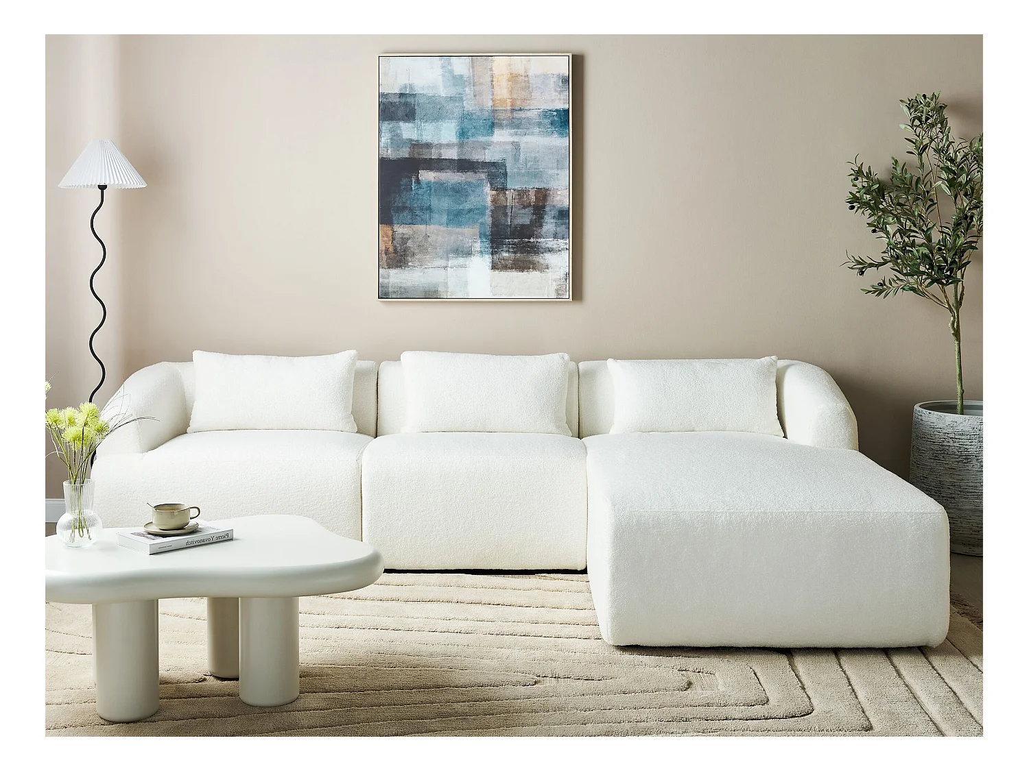 Canapé Angle droite Design Minimaliste Moderne 3 Places avec Coussins 3 places en Tissu Bouclé Rembourré Blanc Svansele