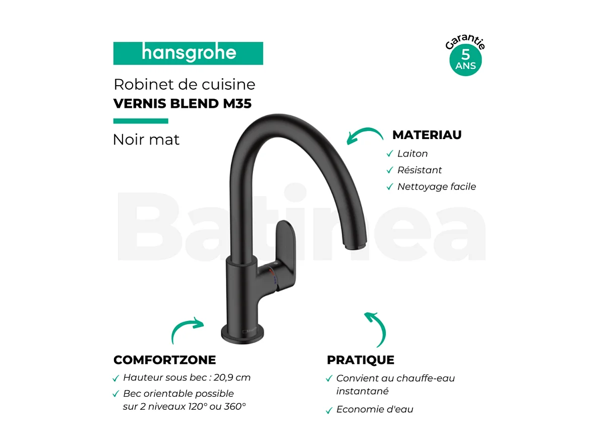 Robinet de cuisine HANSGROHE Vernis Blend M35 210 noir mat + nettoyant Briochin