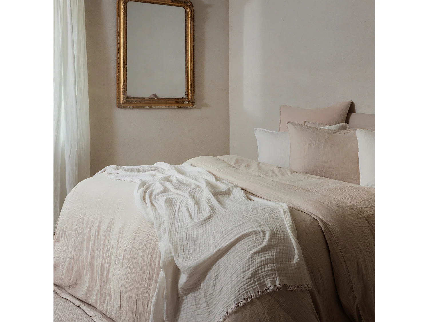 Drap housse MILOS mousseline de coton 160x200 cm bonnet 30 cm uni beige naturel