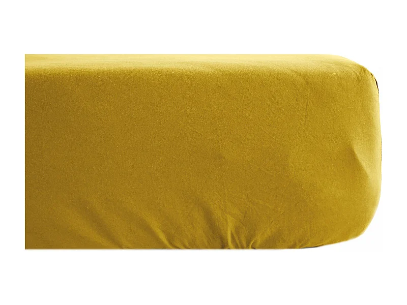 Drap housse uni 160x200 cm bonnet 35 cm percale de coton MANOIR jaune Moutarde