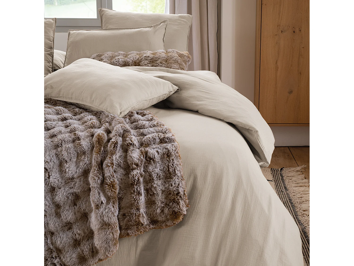 Drap housse MILOS mousseline de coton 140x200 cm bonnet 30 cm uni beige naturel