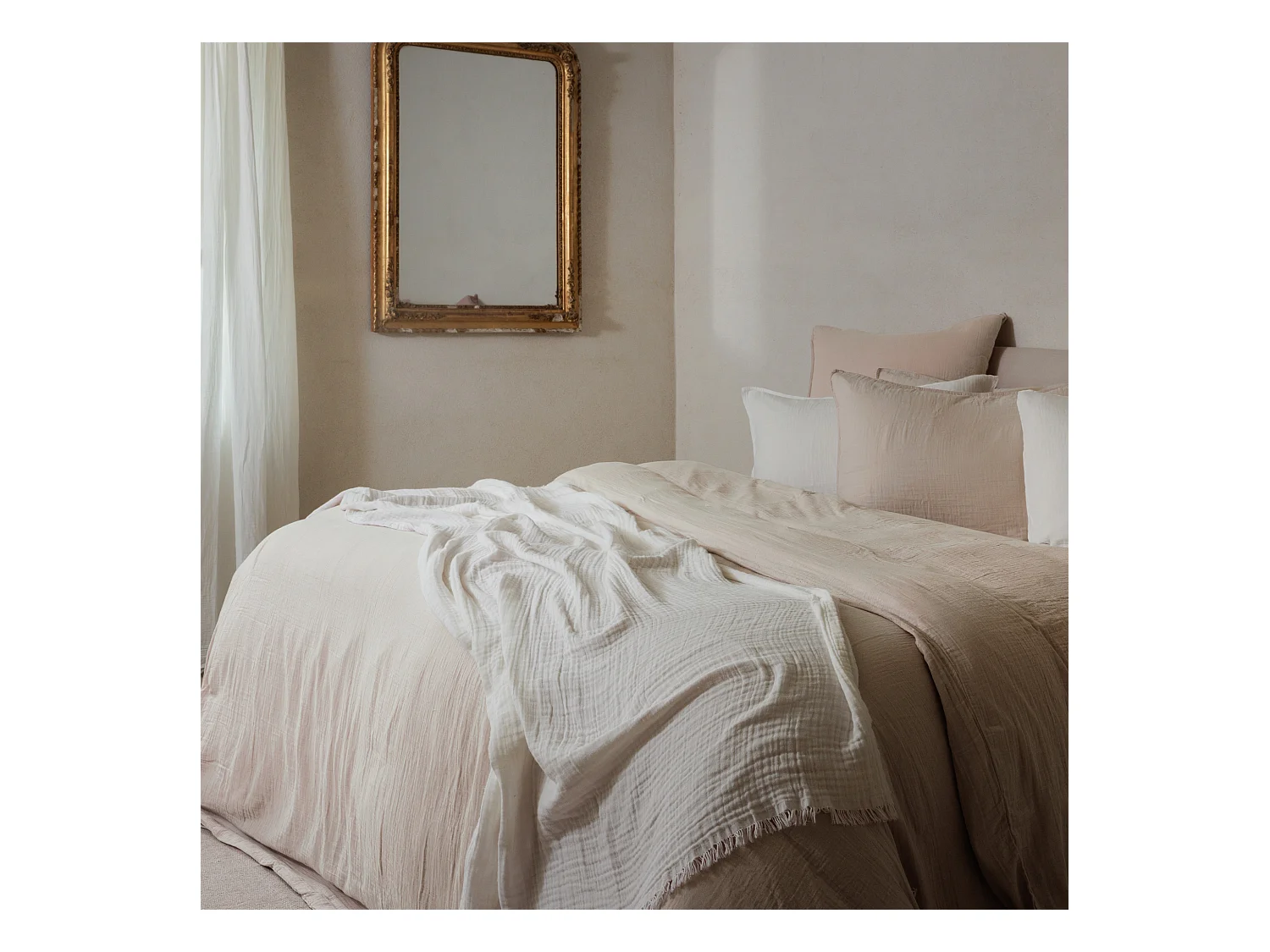 Drap housse 140x200x30 cm mousseline de coton MILOS beige naturel