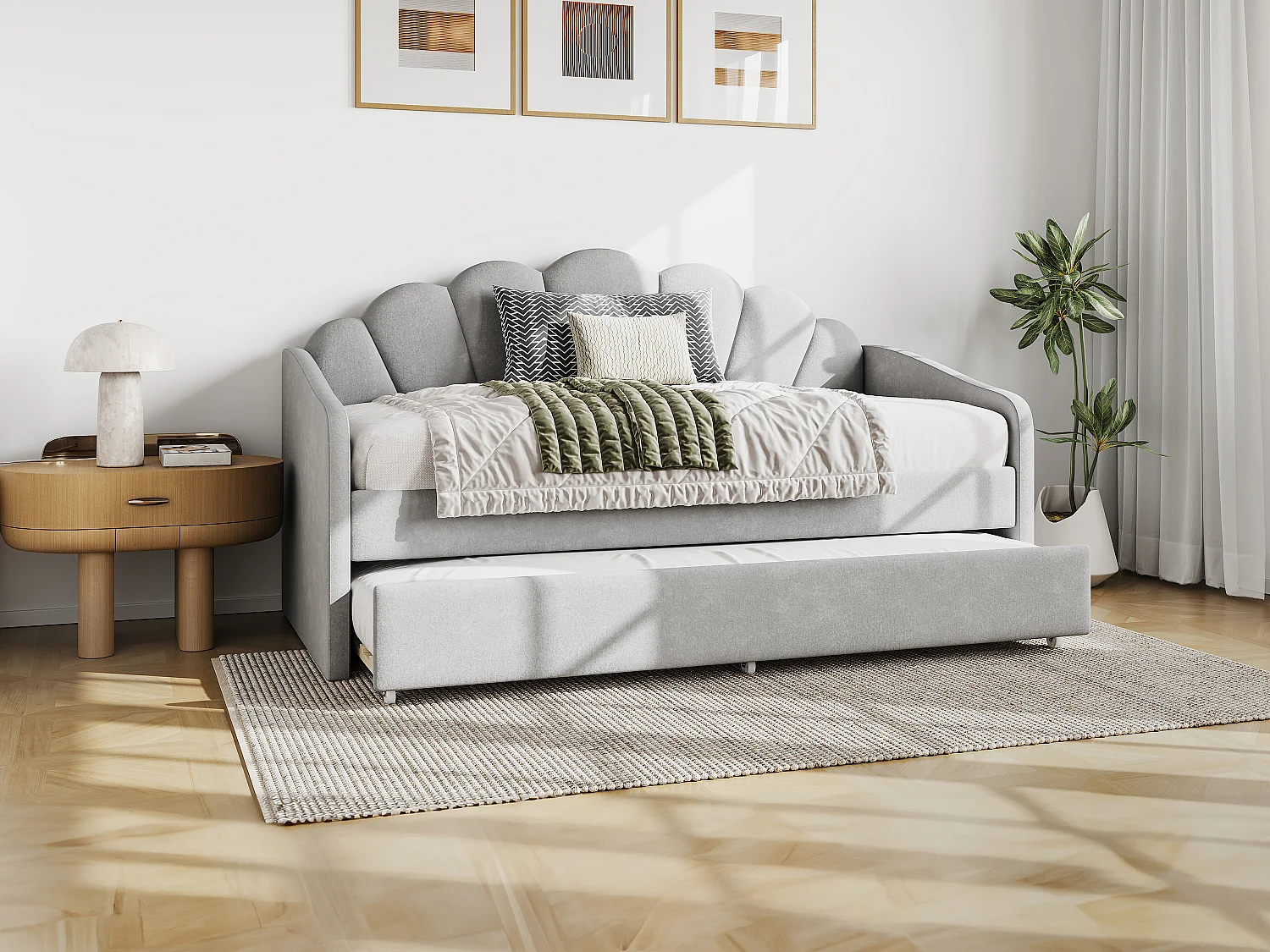 Letto a scomparsa conchiglie 2 x 90 x 190 cm Velluto Grigio + Materasso - ELUSIA