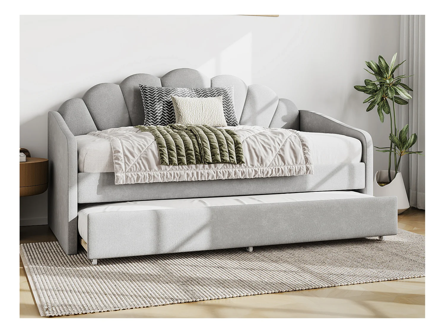 Lit gigogne coquillage 2 x 90 x 190 cm - Velours - Gris clair + Matelas - ELUSIA