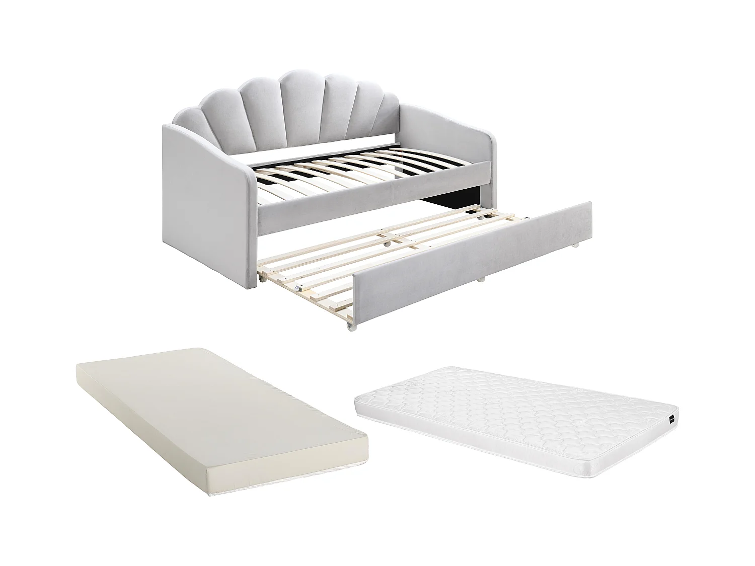 Lit gigogne coquillage 2 x 90 x 190 cm - Velours - Gris clair + Matelas - ELUSIA