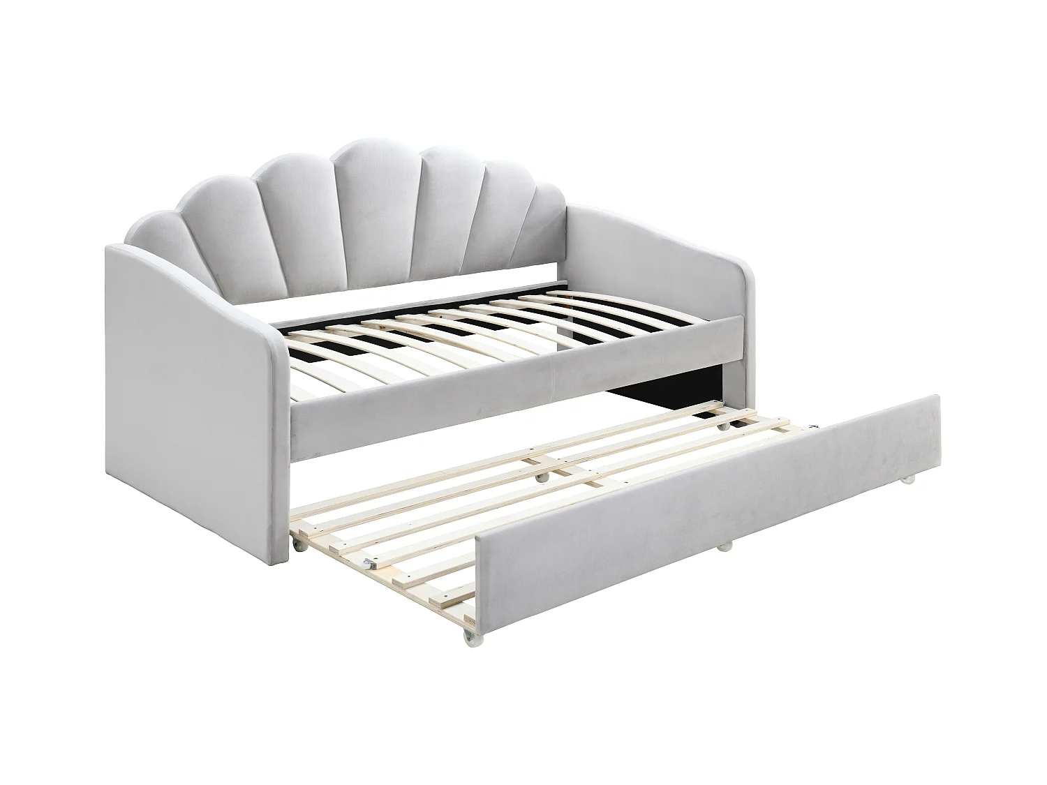 Lit gigogne coquillage 2 x 90 x 190 cm - Velours - Gris clair + Matelas - ELUSIA