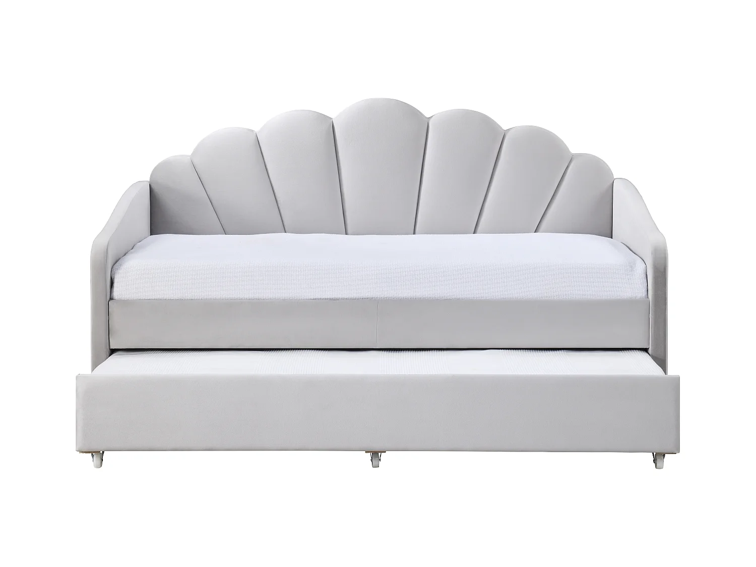 Lit gigogne coquillage 2 x 90 x 190 cm - Velours - Gris clair + Matelas - ELUSIA