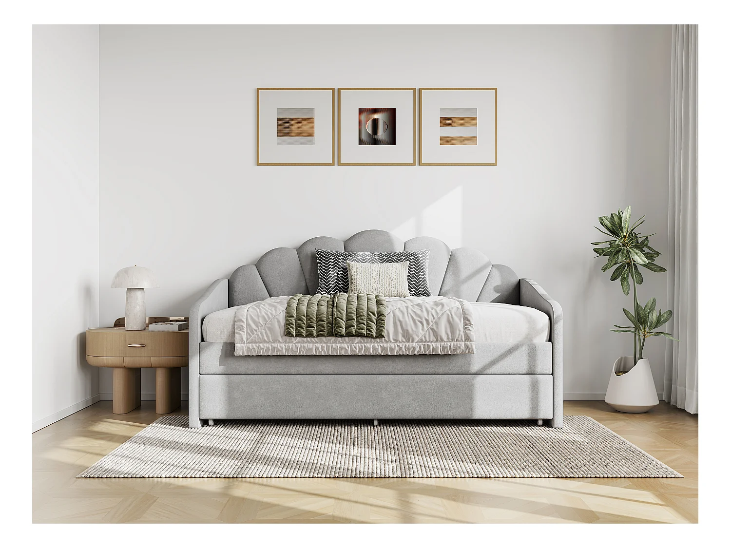 Lit gigogne coquillage 2 x 90 x 190 cm - Velours - Gris clair + Matelas - ELUSIA