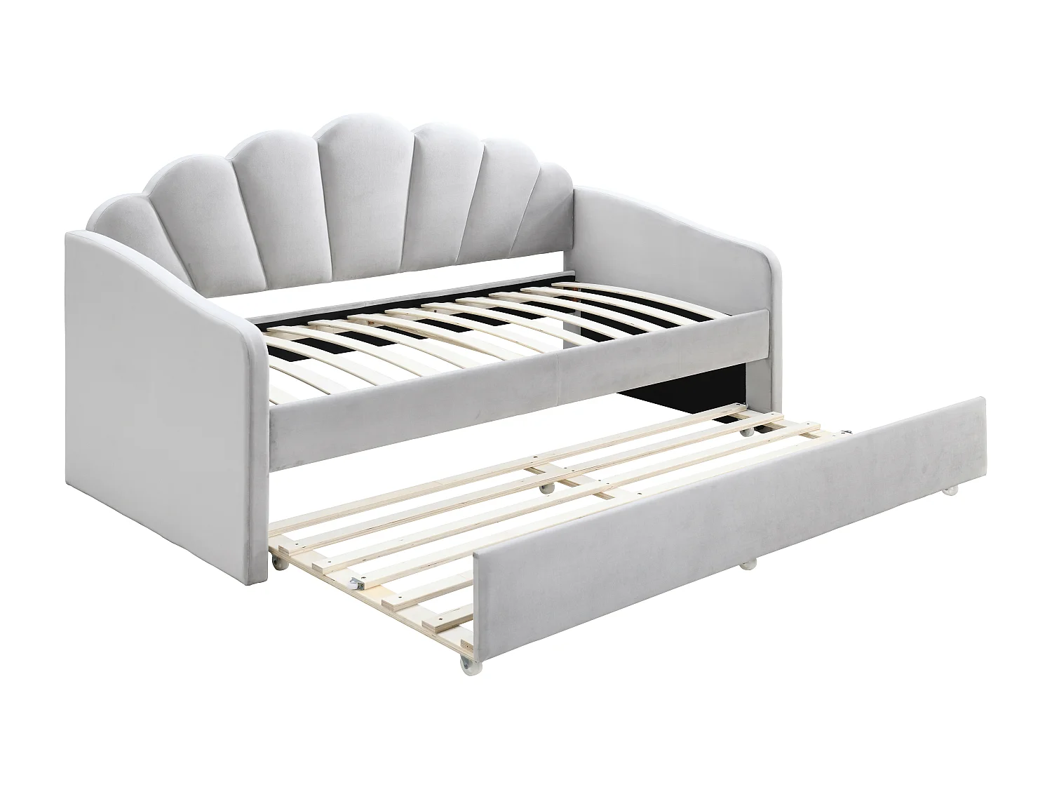 Lit gigogne coquillage 2 x 90 x 190 cm - Velours - Gris clair + Matelas - ELUSIA