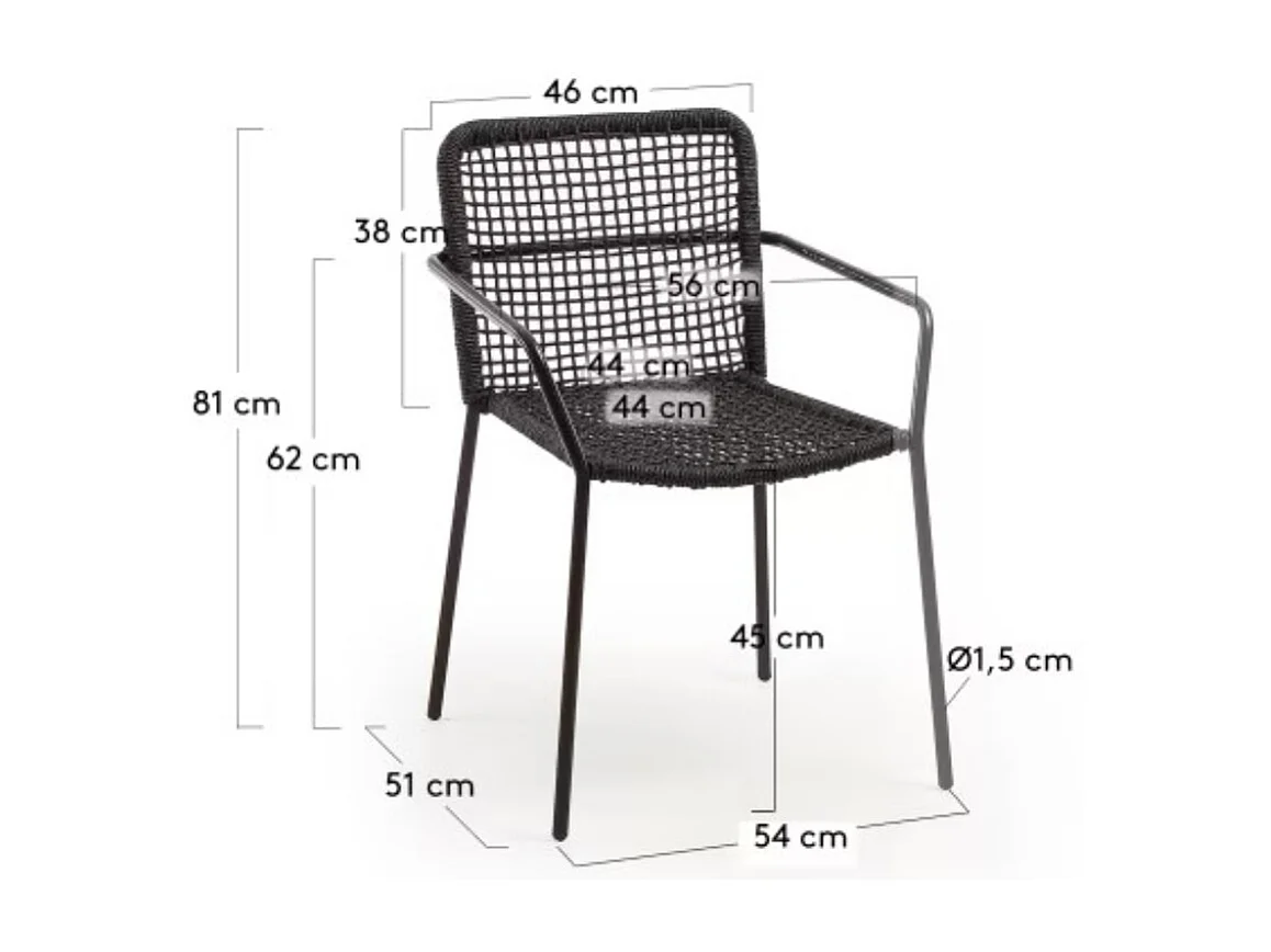 Lot de 4 Chaises en corde noire et acier galvanisé - L. 56 x P. 60 x H. 80 cm