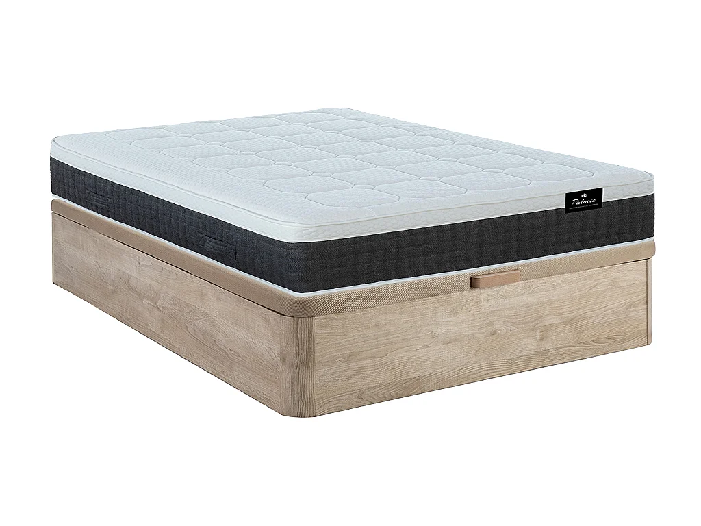 Set aus Bettgestell + 7-Zonen-Taschenfederkernmatratze  - 160 x 200 cm - mit Auflage aus Memory Schaum & Latex - Stärke 30 cm - Holzfarben hell - ARTIO von PALACIO