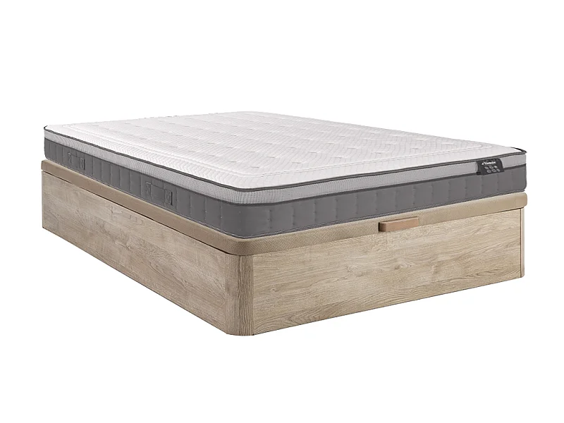Ensemble 160 x 200 cm sommier coffre naturel clair + matelas hybride ressorts ensachés 7 zones et mémoire de forme ép.30cm - ASGARD de YSMÉE