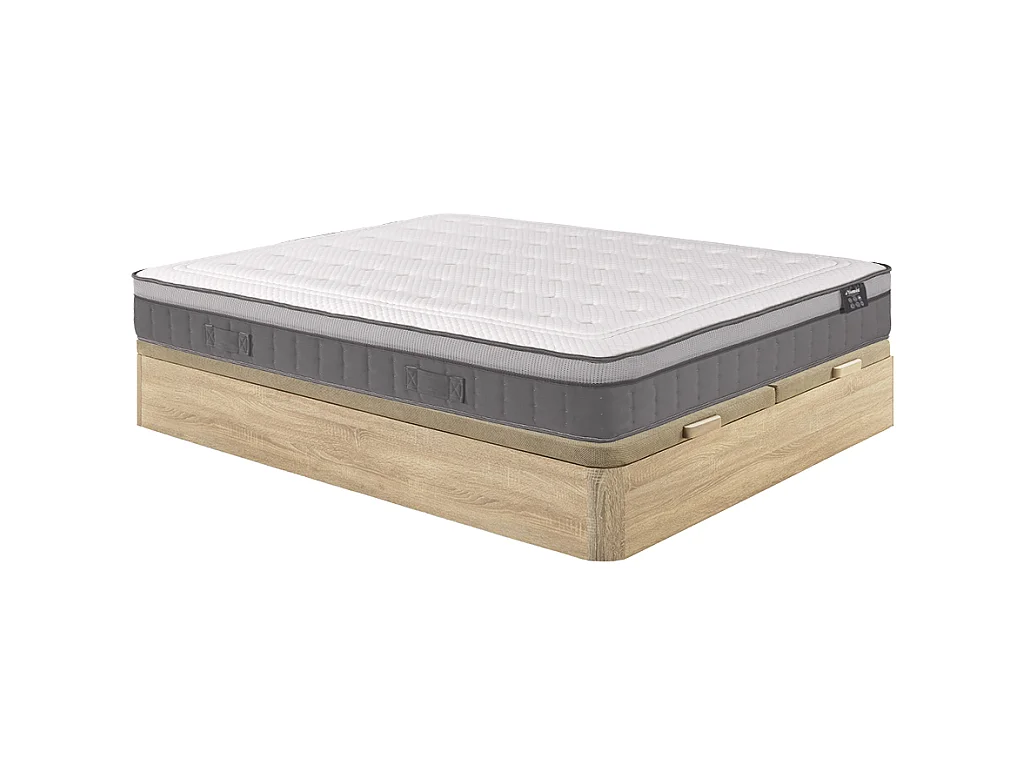 Ensemble 180 x 200 cm sommier coffre naturel clair + matelas hybride ressorts ensachés 7 zones et mémoire de forme ép.30cm - ASGARD de YSMÉE