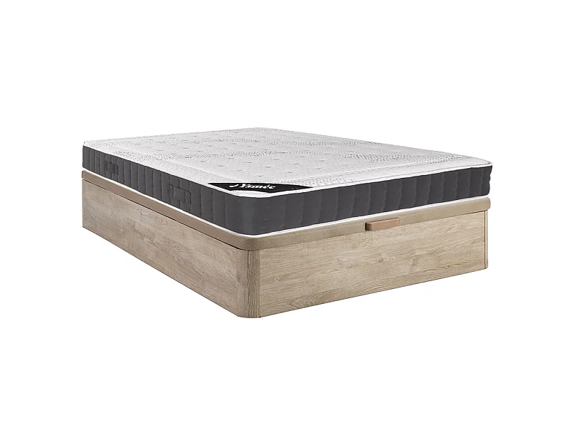 Set aus Bettgestell + Matratze - 140 x 190 cm - Taschenfederkern - Auflage Memory Schaum - Stärke 27 cm - Holzfarben hell - ATLANTIDE von YSMÉE