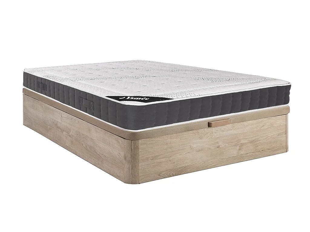 Ensemble 160 x 200 cm sommier coffre naturel clair + matelas hybride ressorts ensachés accueil mémoire de forme ép.27cm - ATLANTIDE de YSMÉE