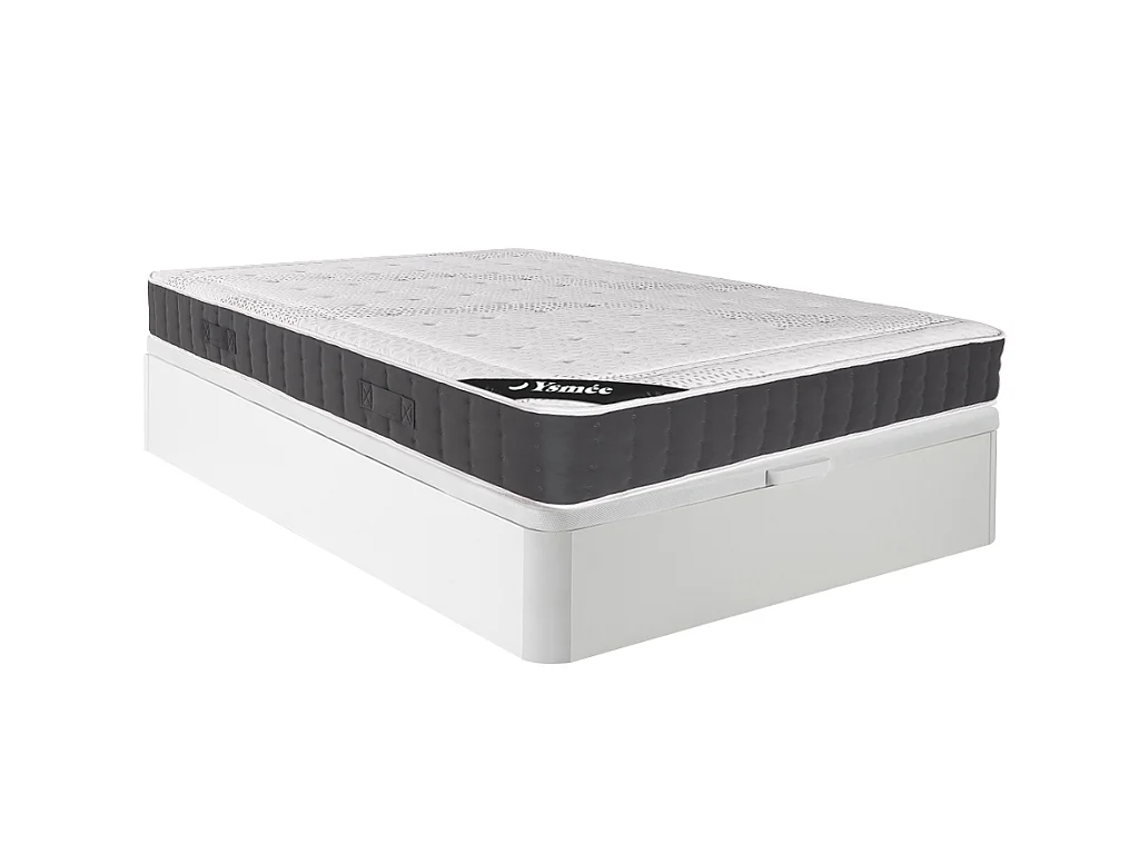 Ensemble 160 x 200 cm sommier coffre blanc + matelas hybride ressorts ensachés accueil mémoire de forme ép.27cm - ATLANTIDE de YSMÉE